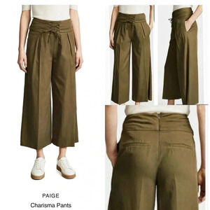 PAIGE Charisma Spring Moss Green Wide Leg Pants Lacing Front Cotton Blend XS